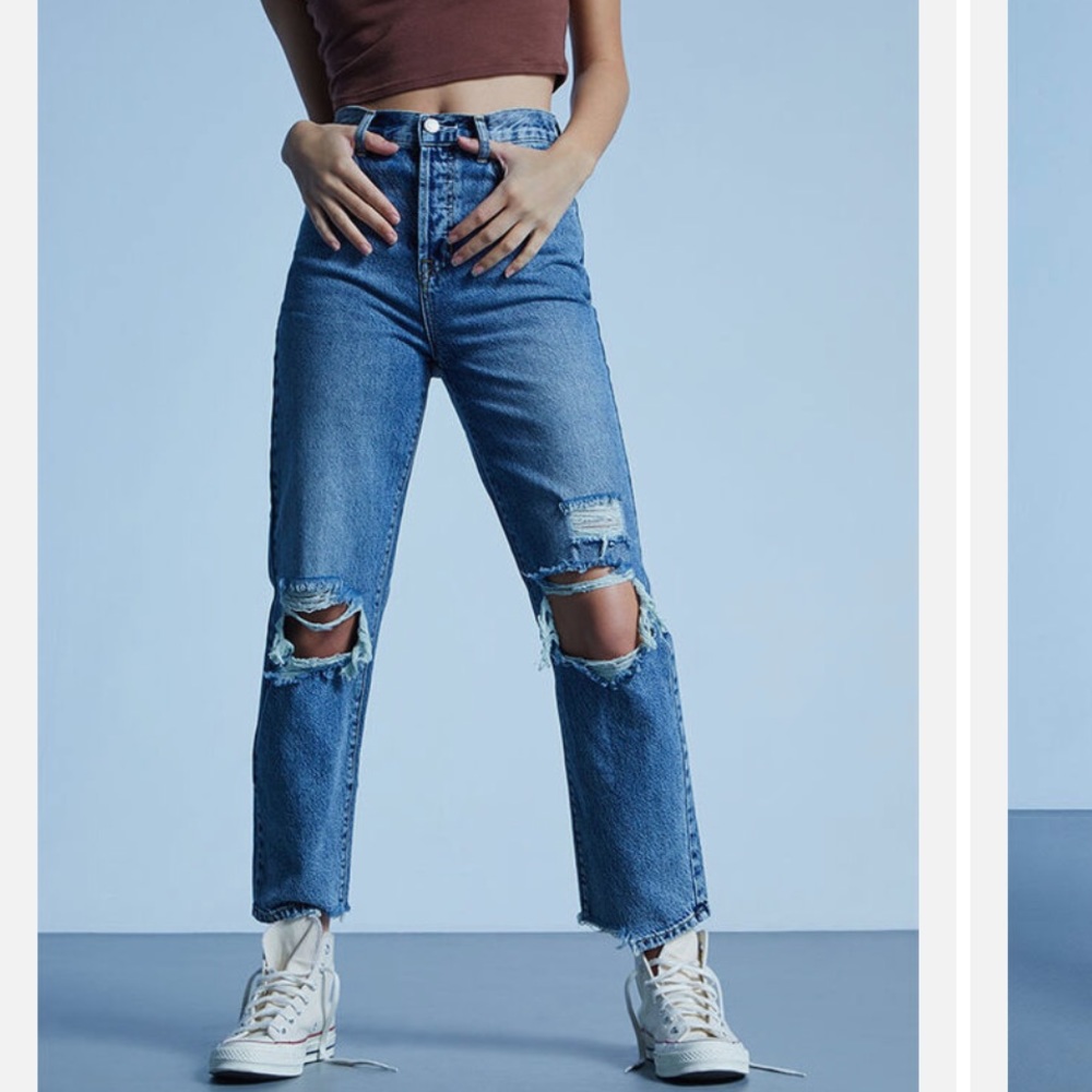 PacSun Eco Medium Blue Distressed High Waisted Straight Leg Jeans